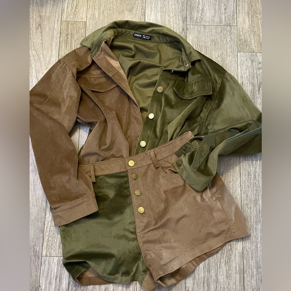 2 piece fall top bottom shorts set. Two tone. Cute flowy fit. Army green n cocoa - Picture 3 of 4